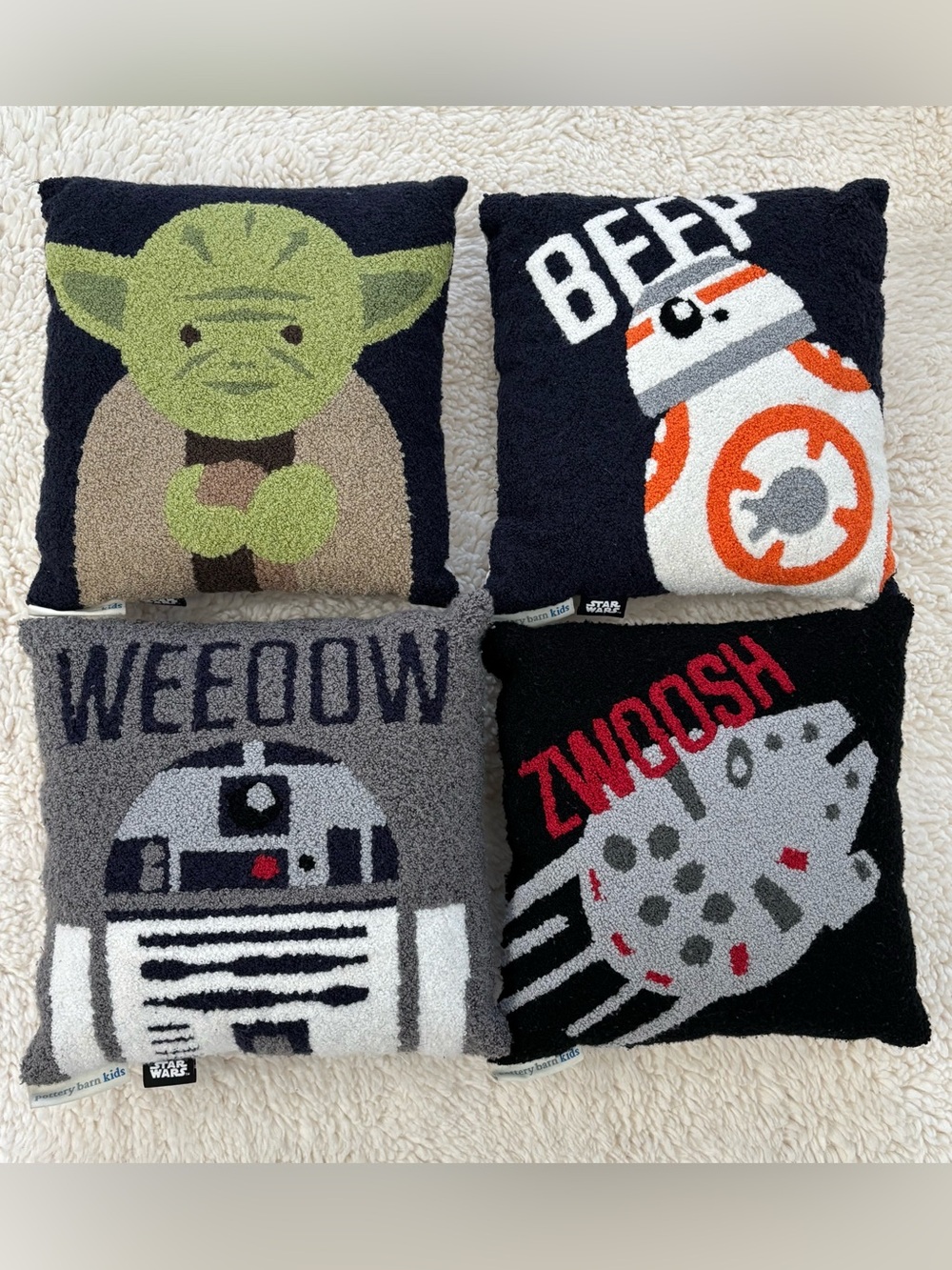 4 Pottery Barn Kids Star Wars boucle pillows 10x10 r2d2 bb-8 yoda +